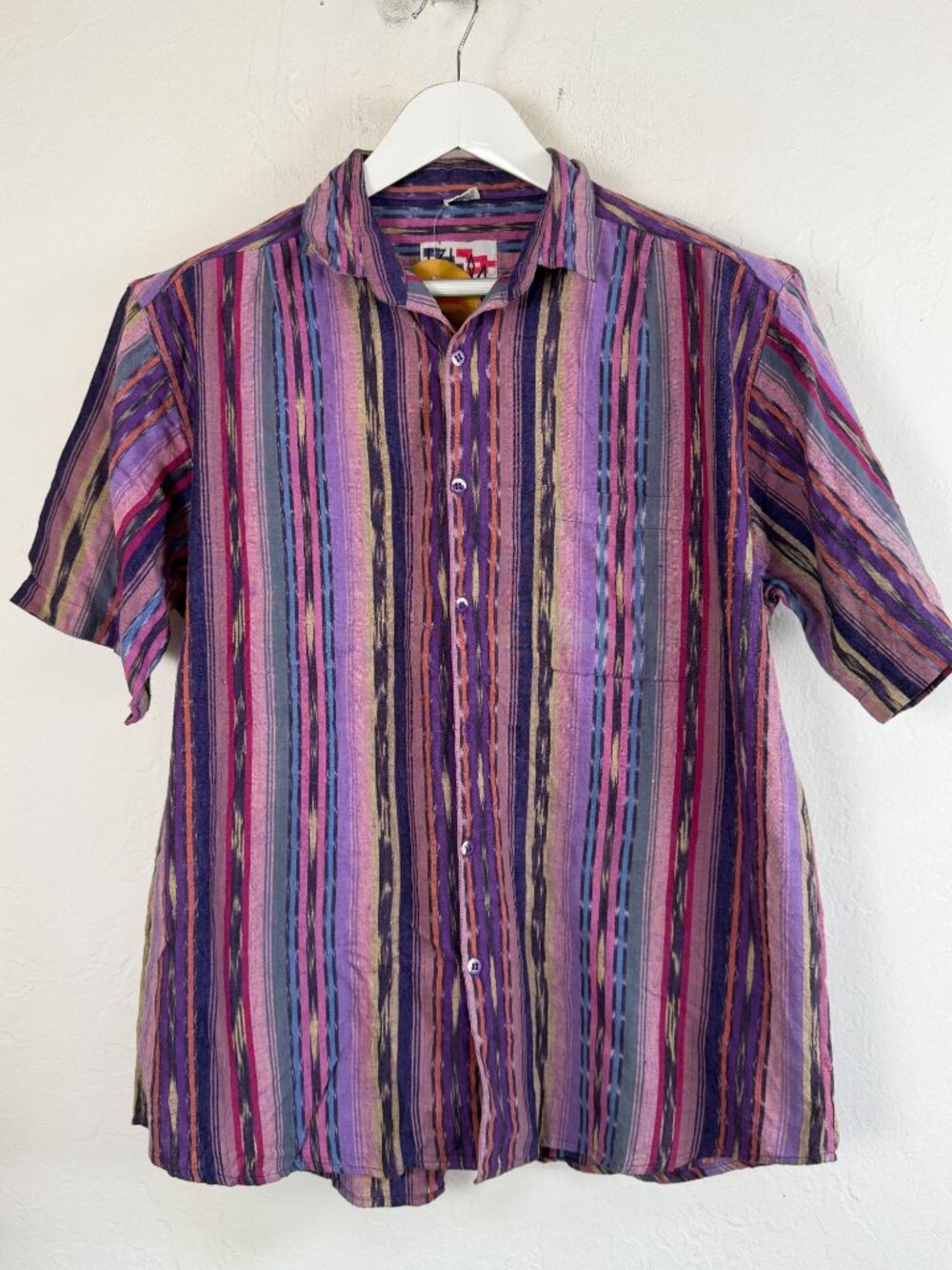 Patola Mens Hawaiian Shirt Ikat Stripe Cotton Button Up Medium Multicolor New